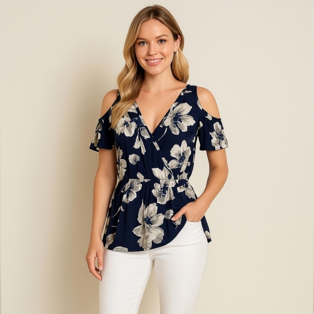 Venus Navy Floral Cold Shoulder – Size Small